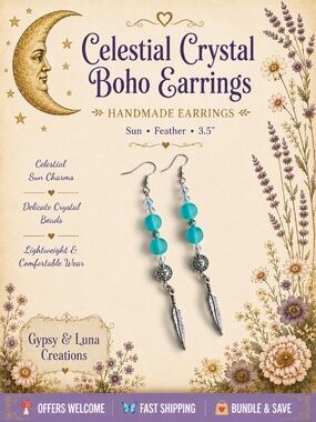 Handcrafted Celestial Crystal Earrings Sun Feather Charms Boho Chic 3.5”